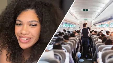 close up of woman's face(l) Flight attendants attending to passengers(r)