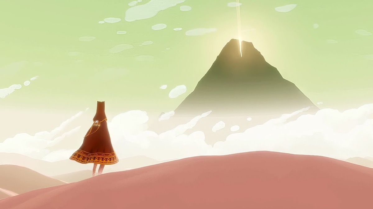A lone figure stares at a glowing mountain in "Journey" 