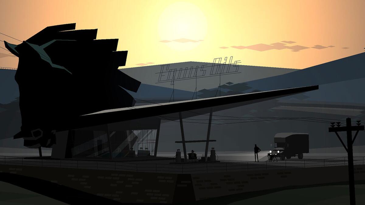 A surreal truck stop glimmers in the sunset in  "Kentucky Route Zero" 