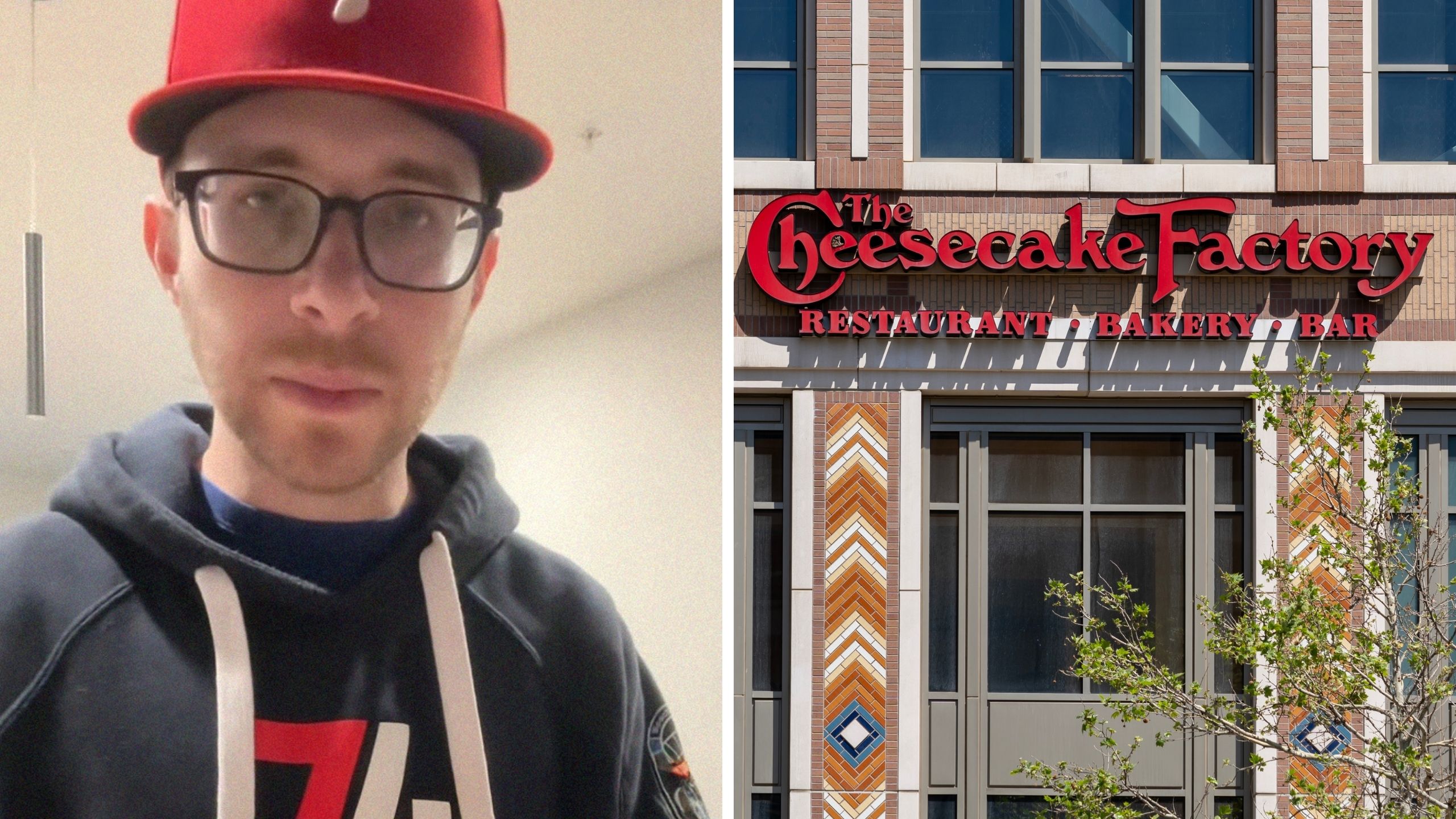 man shares cheesecake issue (l) the cheesecake factory entrance (r)