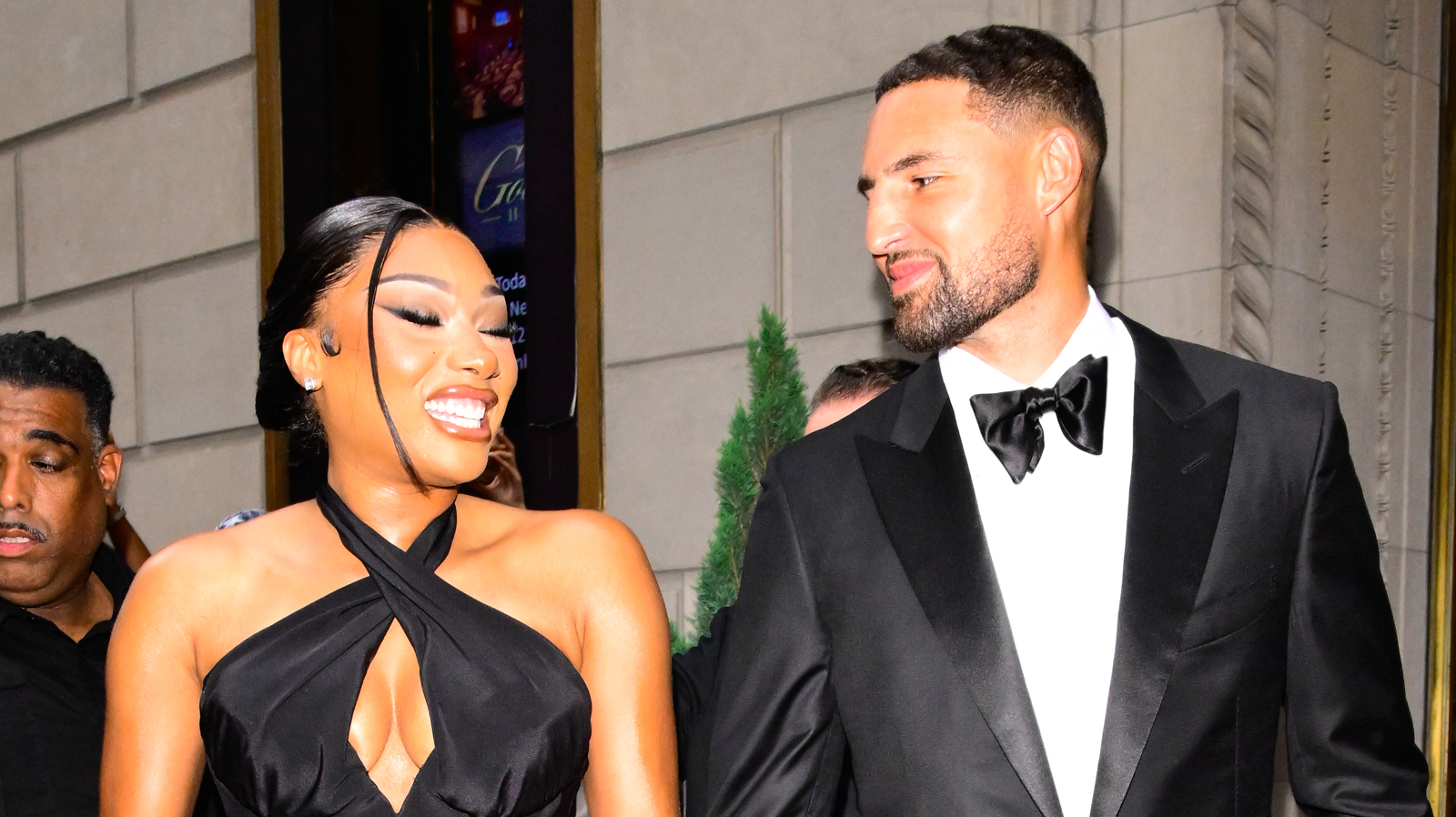 NEW YORK, NEW YORK - JULY 16: Megan Thee Stallion and Klay Thompson are seen on July 16, 2025 in New York City. (Photo by Raymond Hall/GC Images)