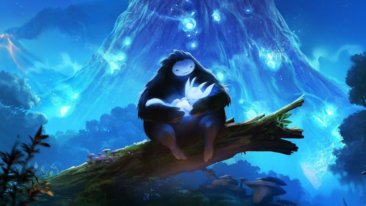 Two spirits cuddle in the woods in "Ori and the Blind Forest" 