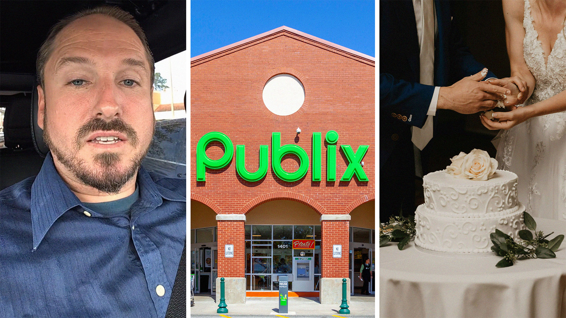 Man inside of car explains what he saw at parking lot(l) Publix Store Front(c) wedding couple cutting wedding cake(r)