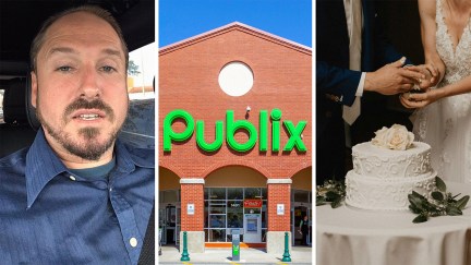Man inside of car explains what he saw at parking lot(l) Publix Store Front(c) wedding couple cutting wedding cake(r)