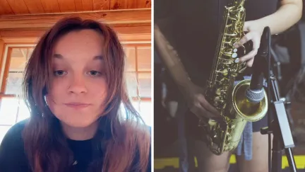 woman shares break up experience (l) woman playing saxophone (r)