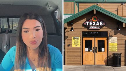 woman shares why she got fired (l) texas roadhouse entrance (r)