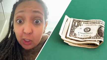 Woman looking shocked at customers tip(l) Money folded with green background(r)