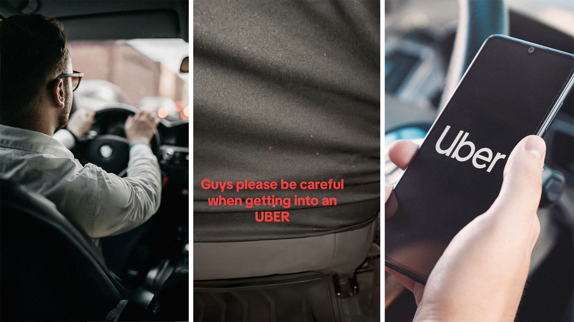 View of uber driver(l) Close up of uber drivers chair(c) Person holding up phone with uber app on display(r)