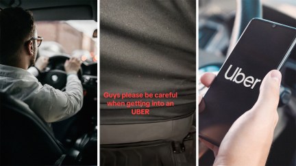 View of uber driver(l) Close up of uber drivers chair(c) Person holding up phone with uber app on display(r)