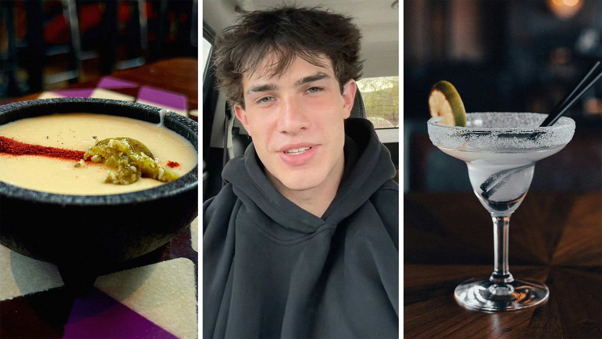 close up of Queso at restaurant(l) Man inside of vehicle shares experience working as a waiter(c) Close up of Margarita drink(r)