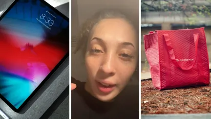 apple ipad (l) woman shares delivery issue (c) doordash delivery (r)