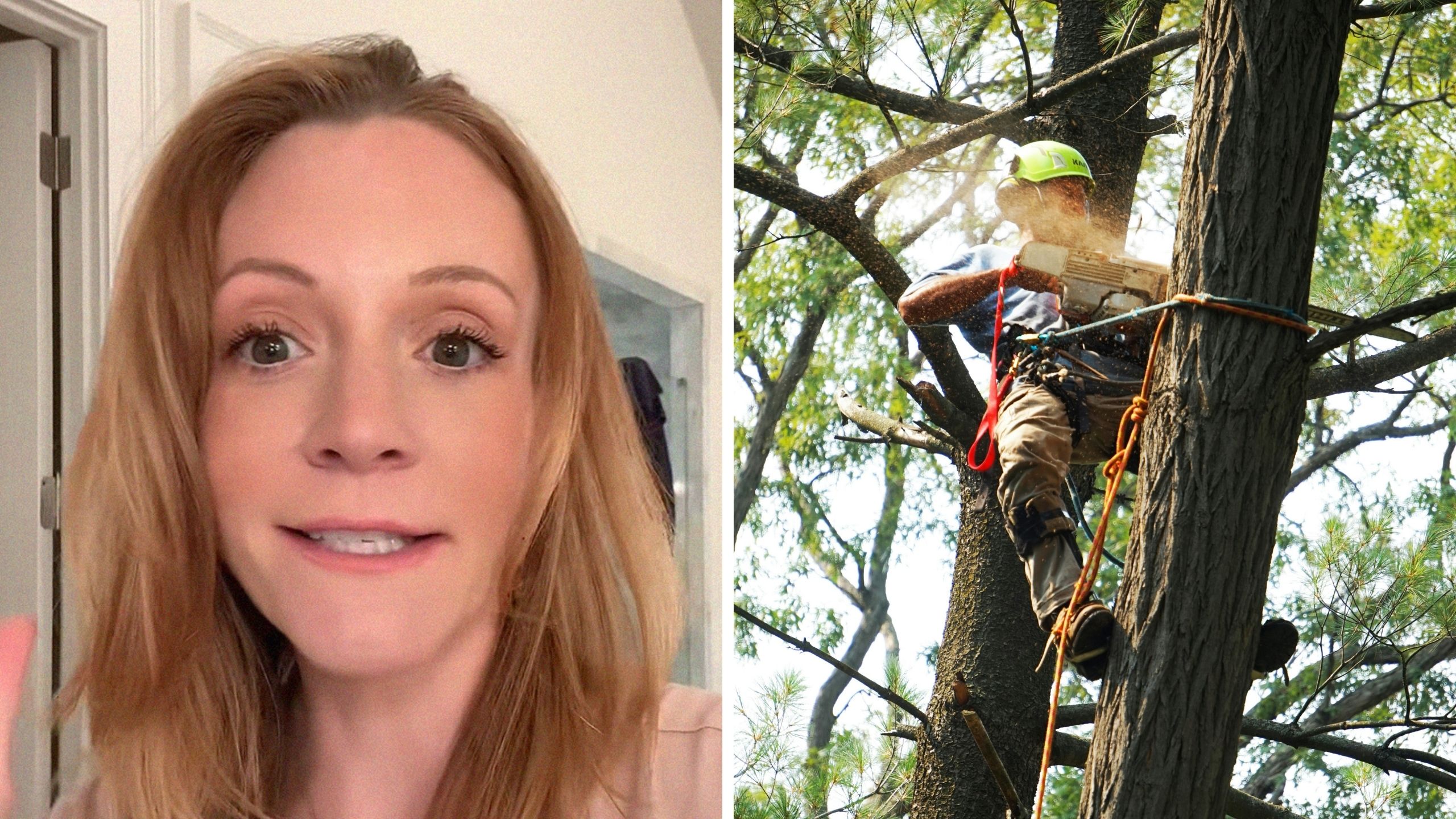 woman shares neighbor issues (l) man cutting trees (r)