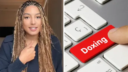 woman with blonde curly hair with her hand pointing at her chest(l) finger pressing red button with the word doxing displayed on it (r)