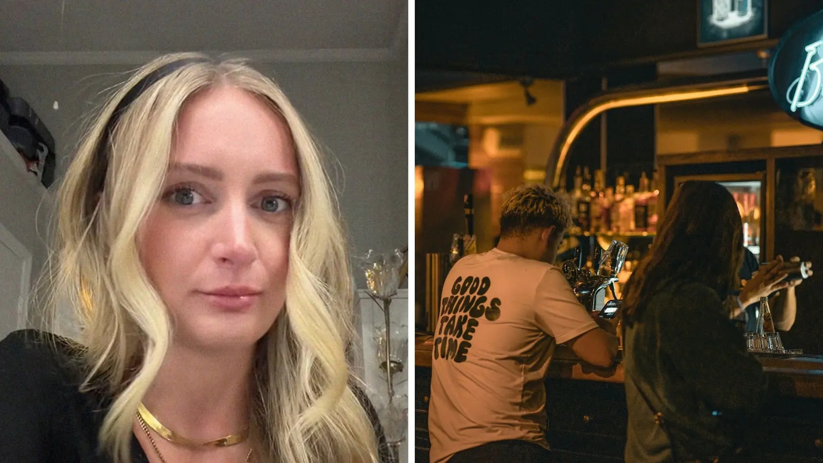 woman shares date experience (l) couple at a bar (r)