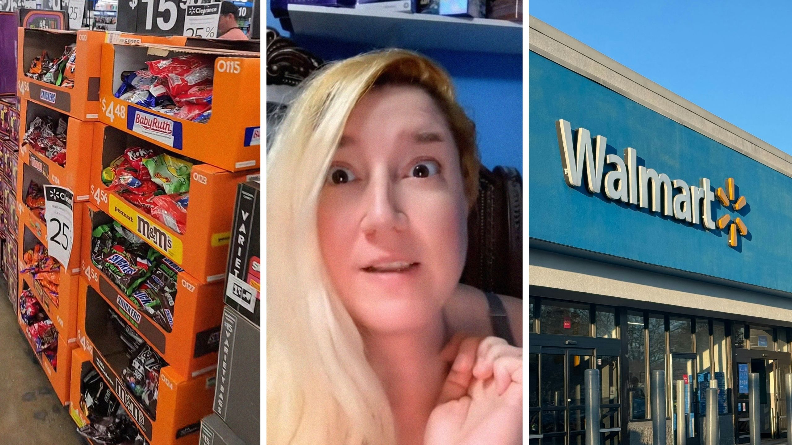 candy shelf (l) woman shares walmart issue (c) walmart entrance (r)