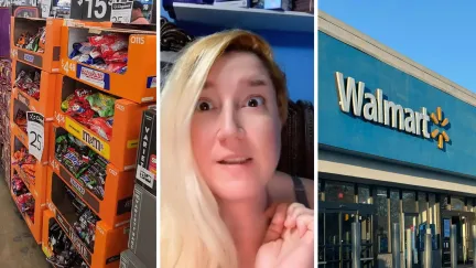candy shelf (l) woman shares walmart issue (c) walmart entrance (r)