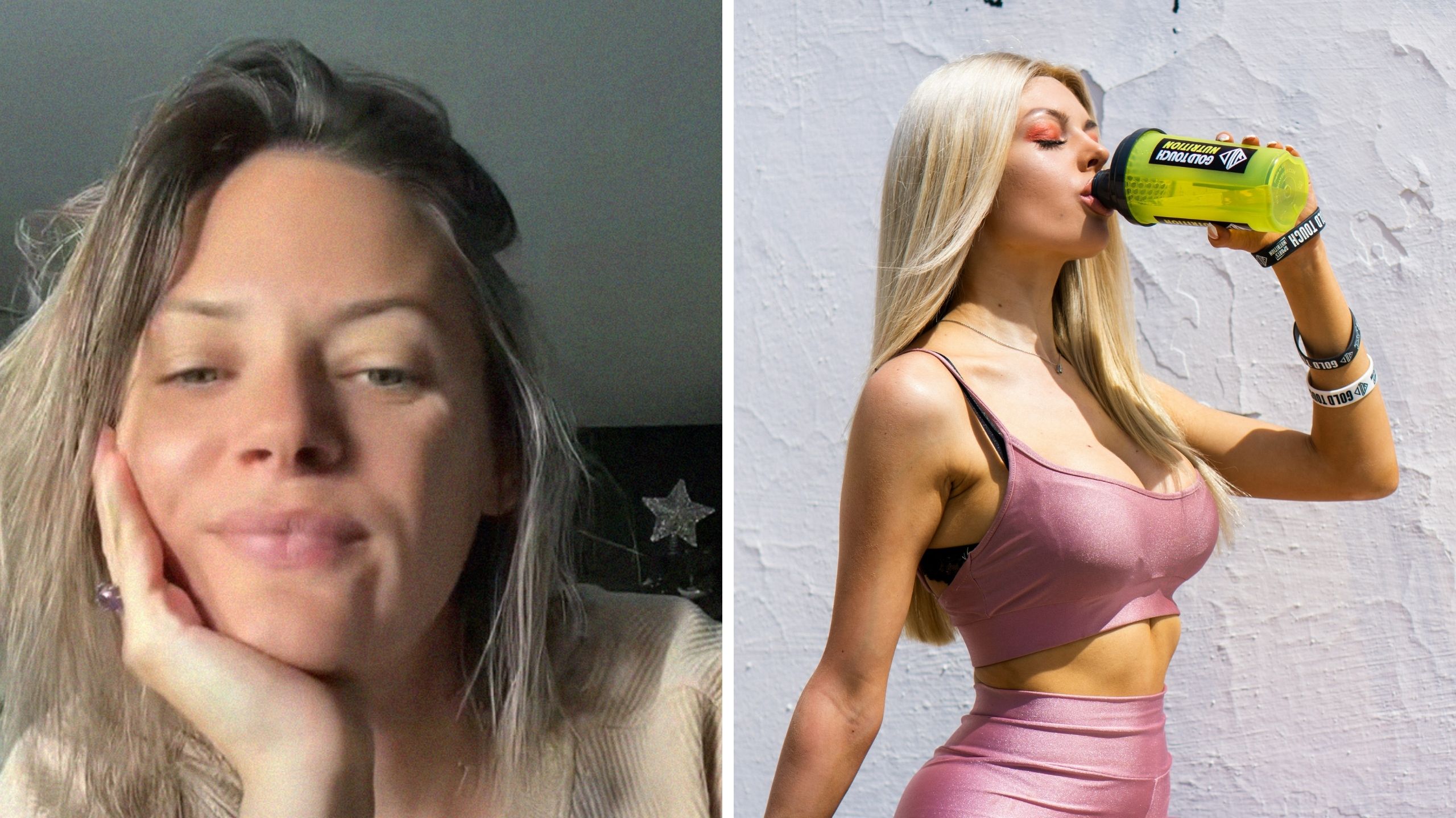 woman shares health tips (l) woman drinking Liquid I.V (r)