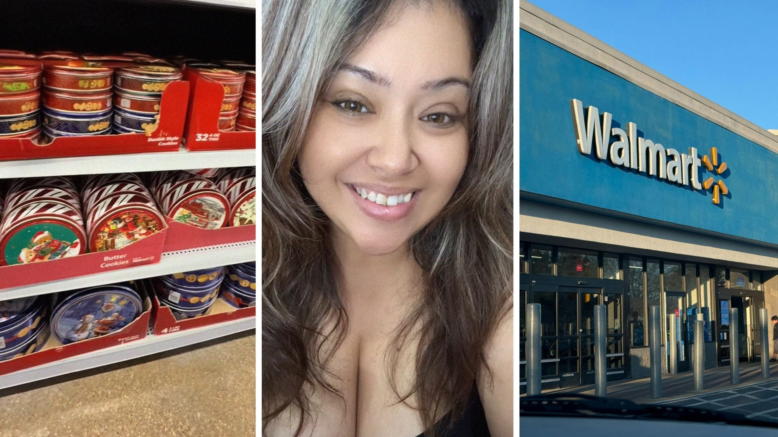holiday tins (l) woman shares shopping encounter (c) walmart entrance (r)