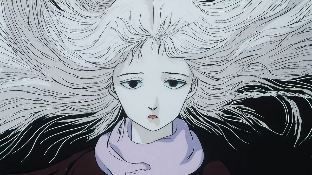 A young girl with white hair looks calmly in "Angel's Egg"