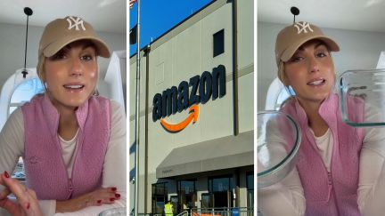 woman shares how she ended up at the ER (l) amazon store logo (c) woman holding up glass containers (r)