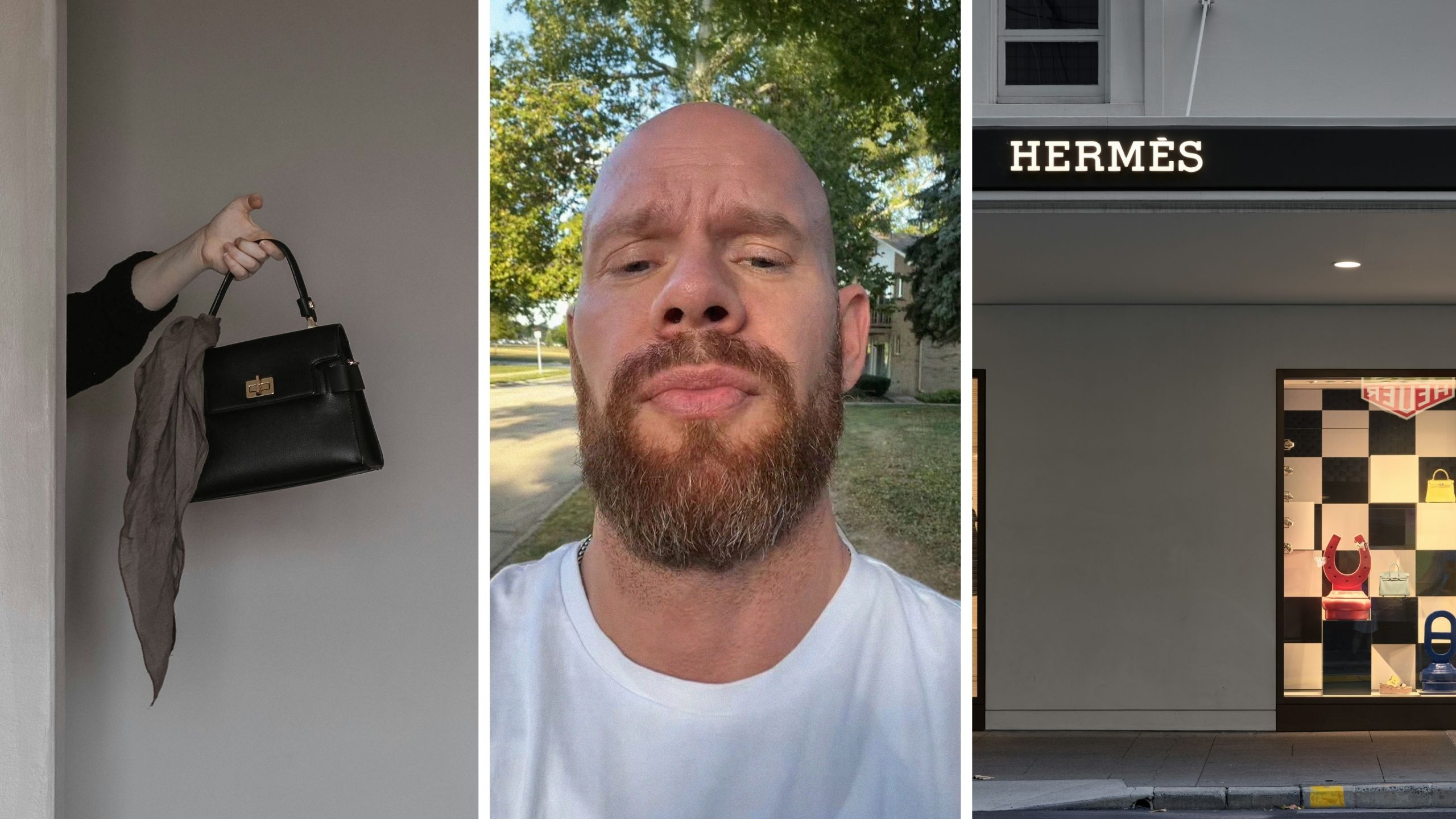 mini kelly bag (l) man shares hermes shopping experience (c) Hermes store front (r)