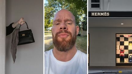 mini kelly bag (l) man shares hermes shopping experience (c) Hermes store front (r)