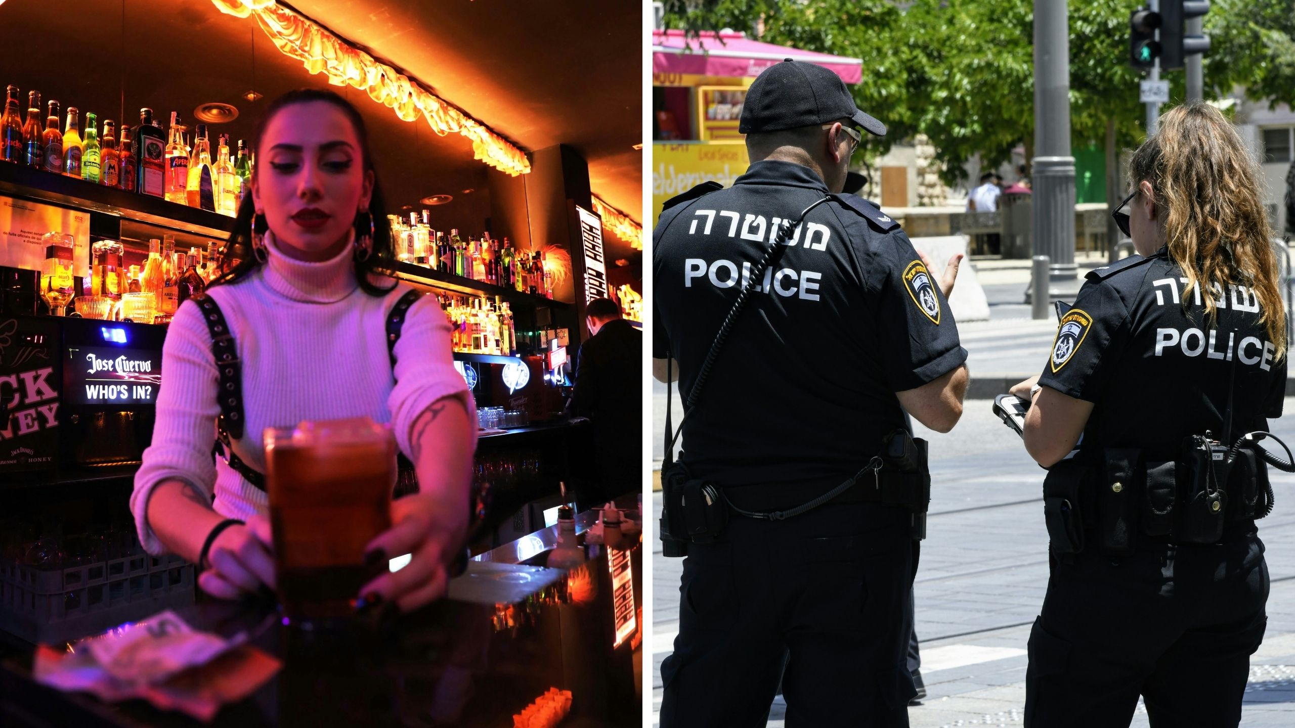 female bartender (l) police arriving to scene (r)