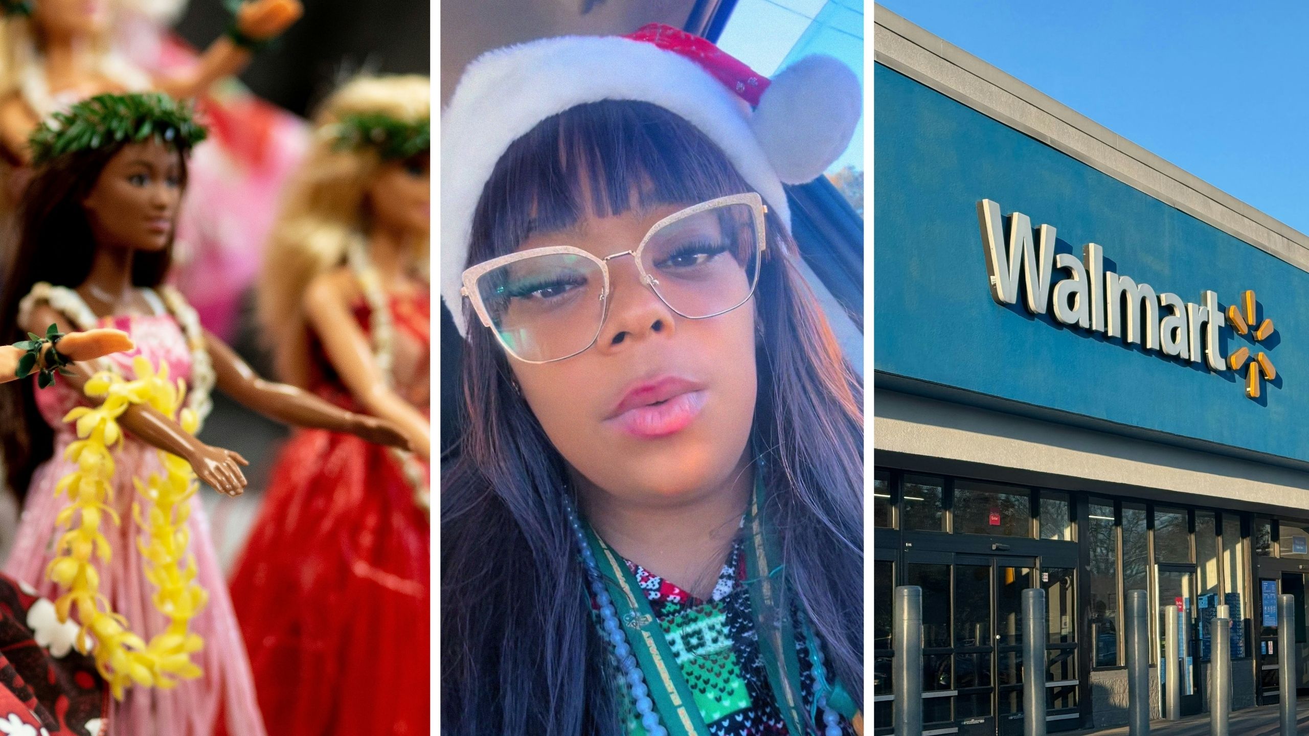 barbie dolls (l) woman shares shopping at walmart experience (c) walmart store front (r)