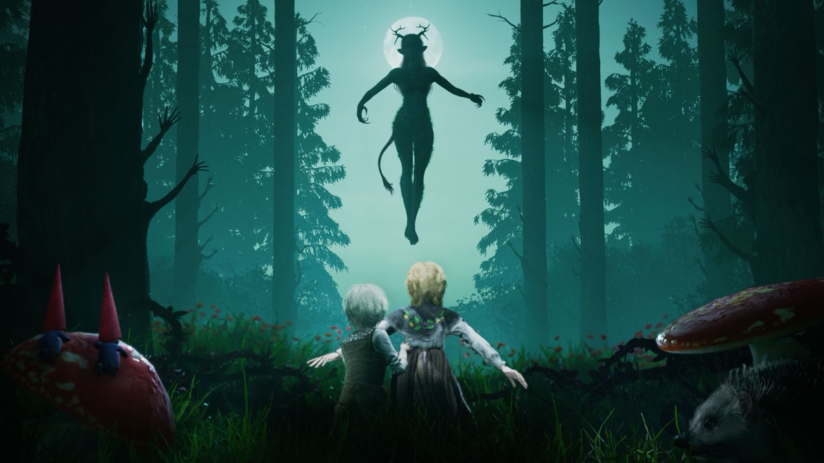 A horned figure rises up in the forest while two children look on "Bramble: The Mountain King"