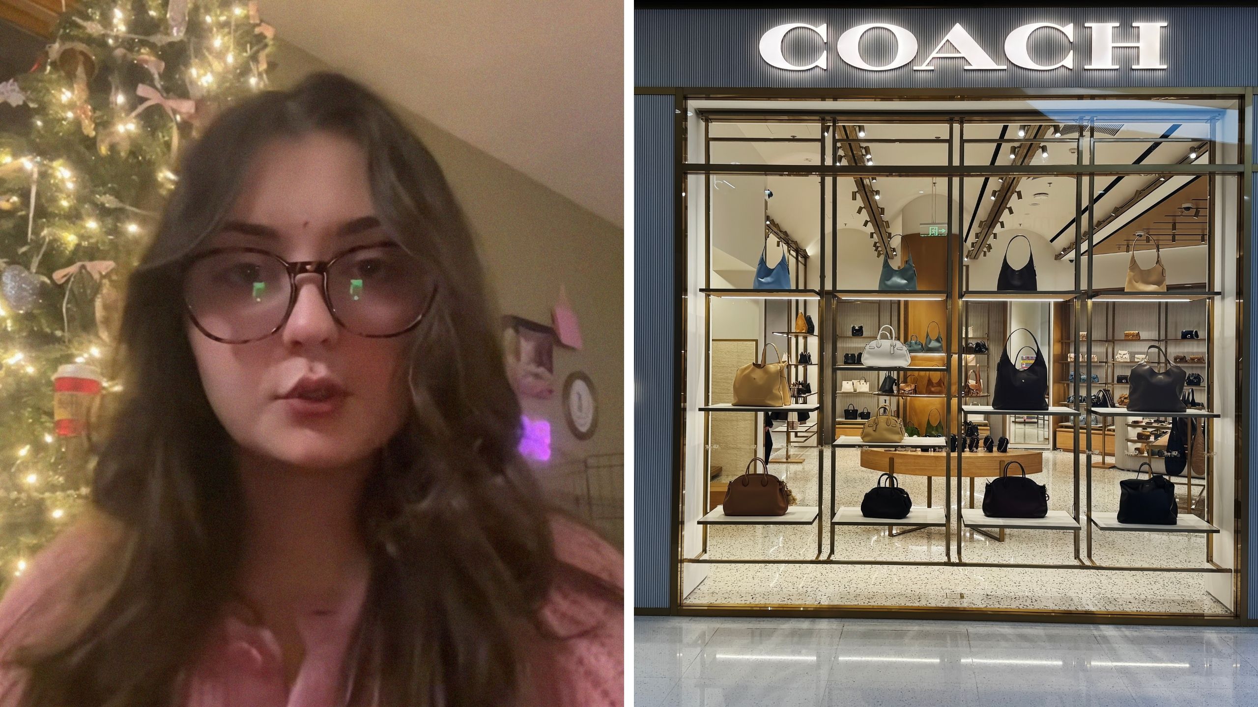 woman shares coach store experience (l) coach store entrance (r)