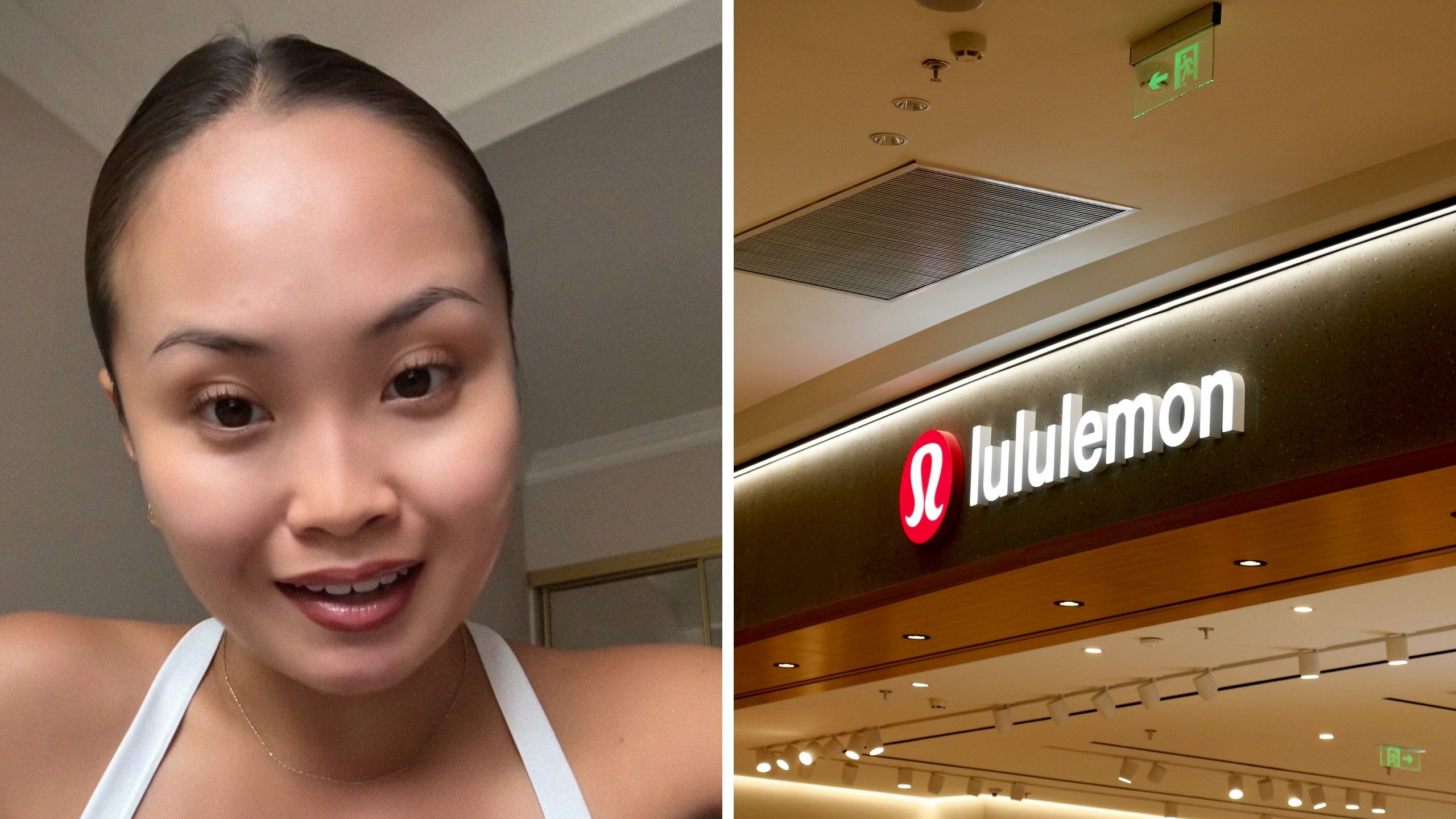 woman shares lululemon jacket and store experience (l) lululemon front entrance (r)