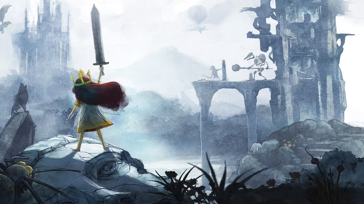 A young woman holds a sword in a misty land in "Child of Light"