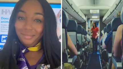 woman shares job accident (l) flight attendant in aisle (r)