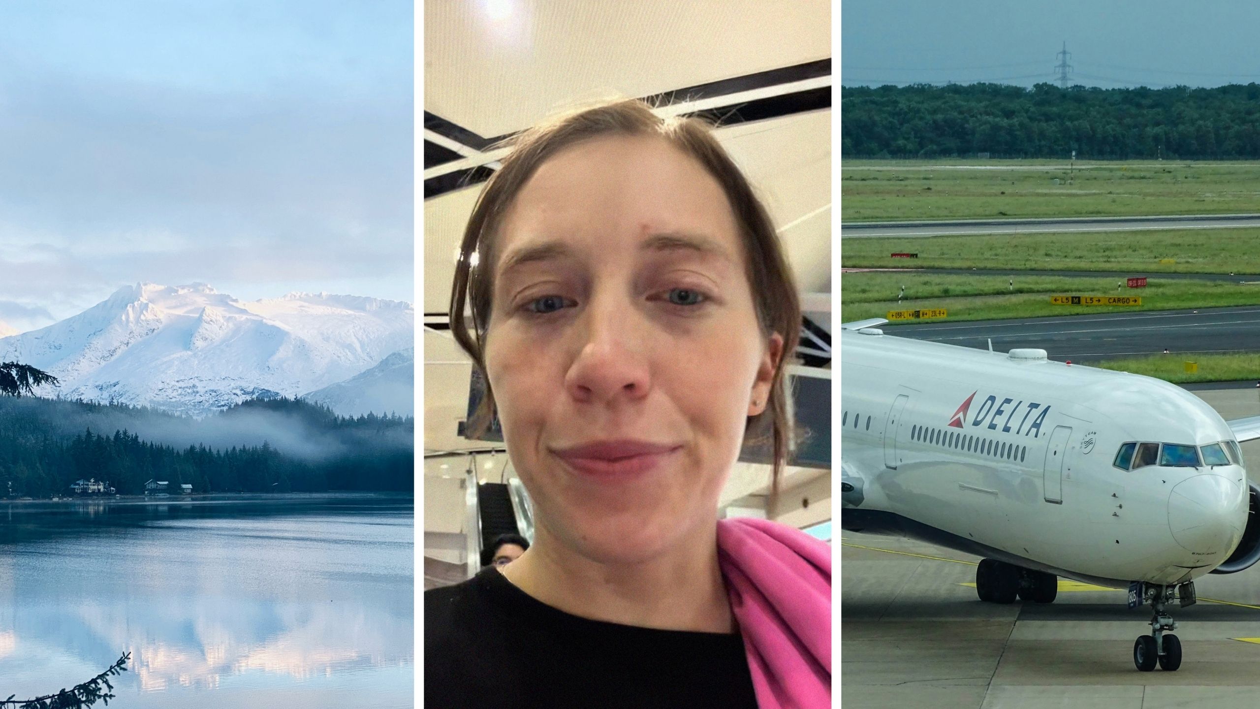 Alaska views (l) woman shares airport issue (c) delta aircraft (r)
