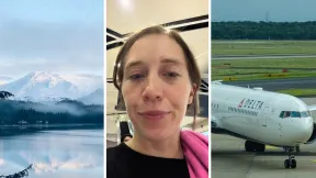 Alaska views (l) woman shares airport issue (c) delta aircraft (r)
