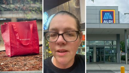 doordash bag (l) woman shares aldi encounter (c) Aldi main entrance (r)