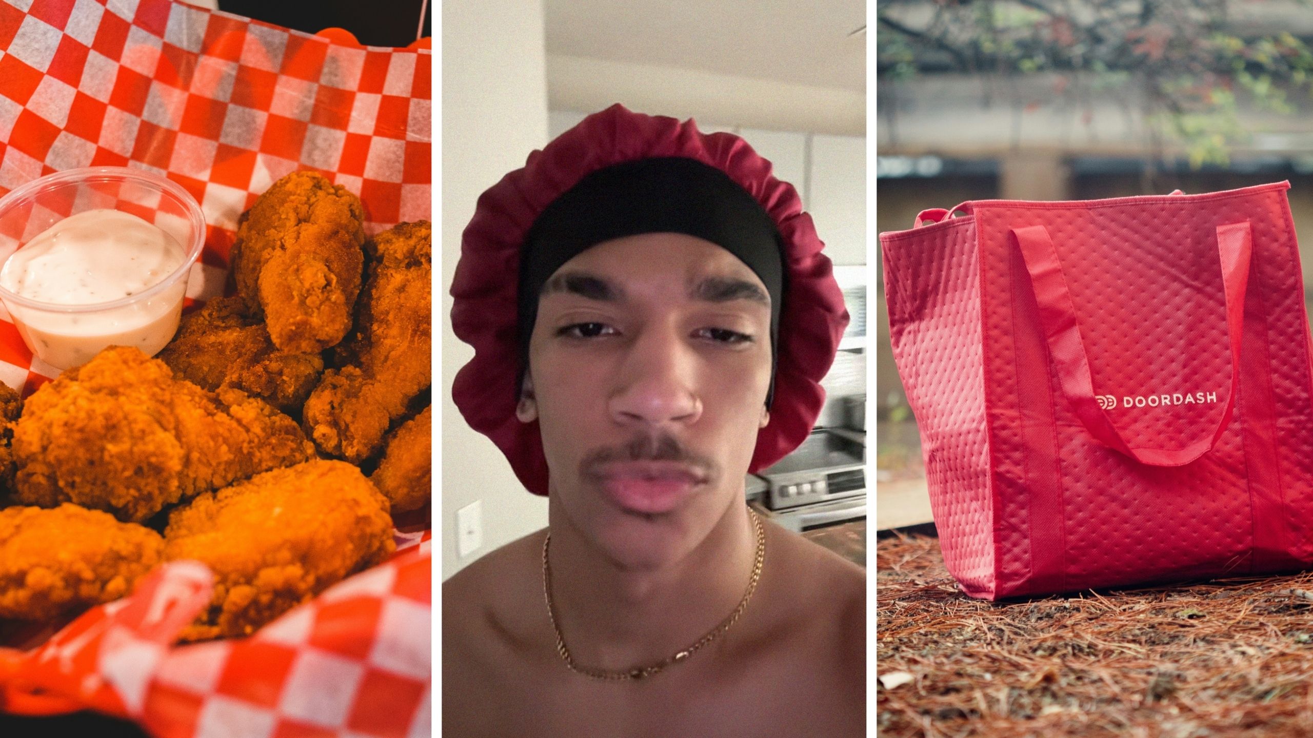 chicken wings order (l) man shares doordash issue (c) doordash delivery bag (r)