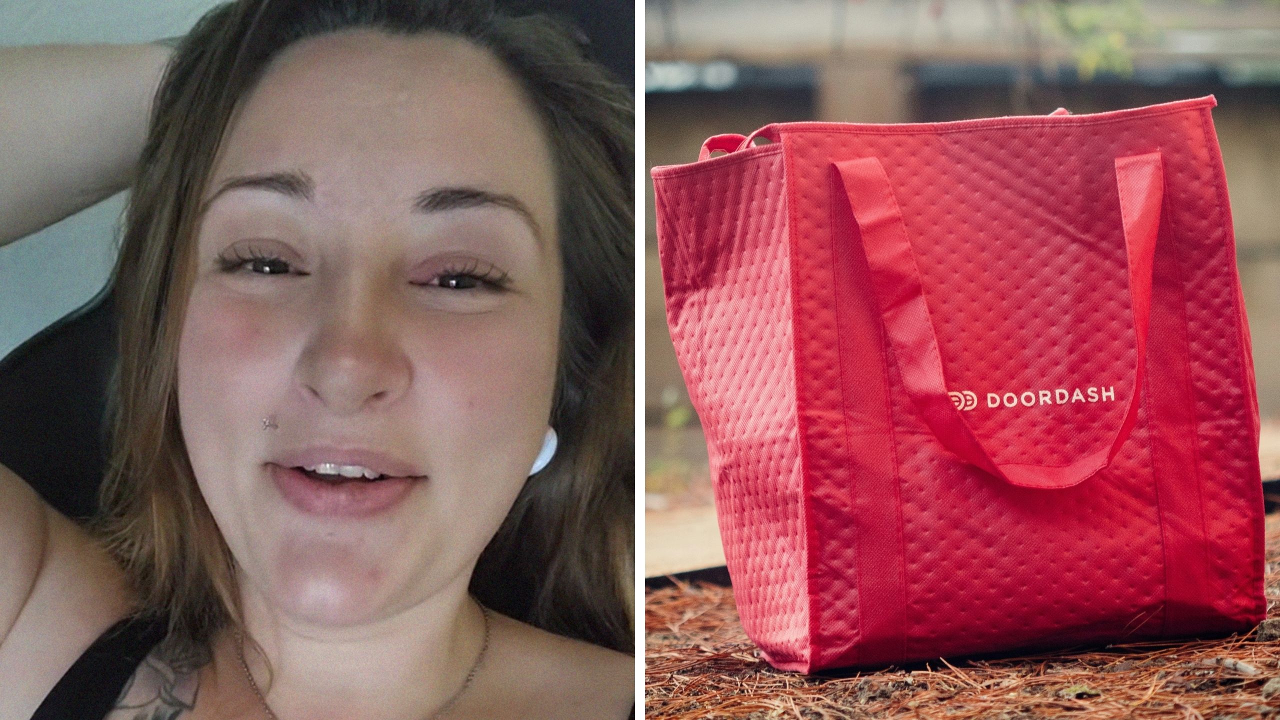 woman shares work experience (l) doordash logo (r)