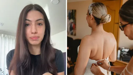 woman shares dress shopping issue (l) bride to be trying on dresses (r)