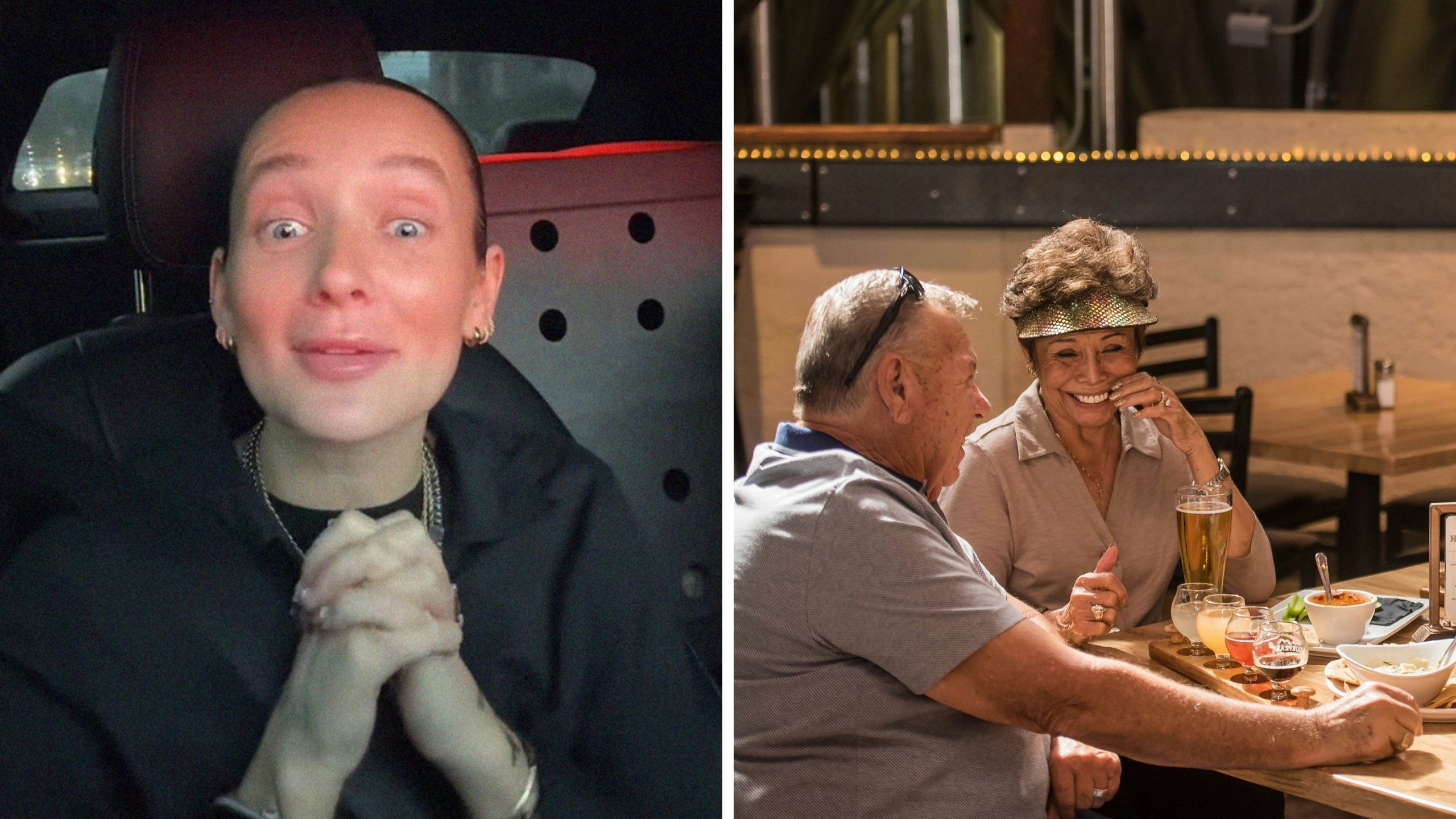 woman shares stressful work experience (l) old people dining out (r)