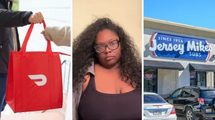 doordash bag (l) woman shares order issue (c) jersey mike's front entrance (r)