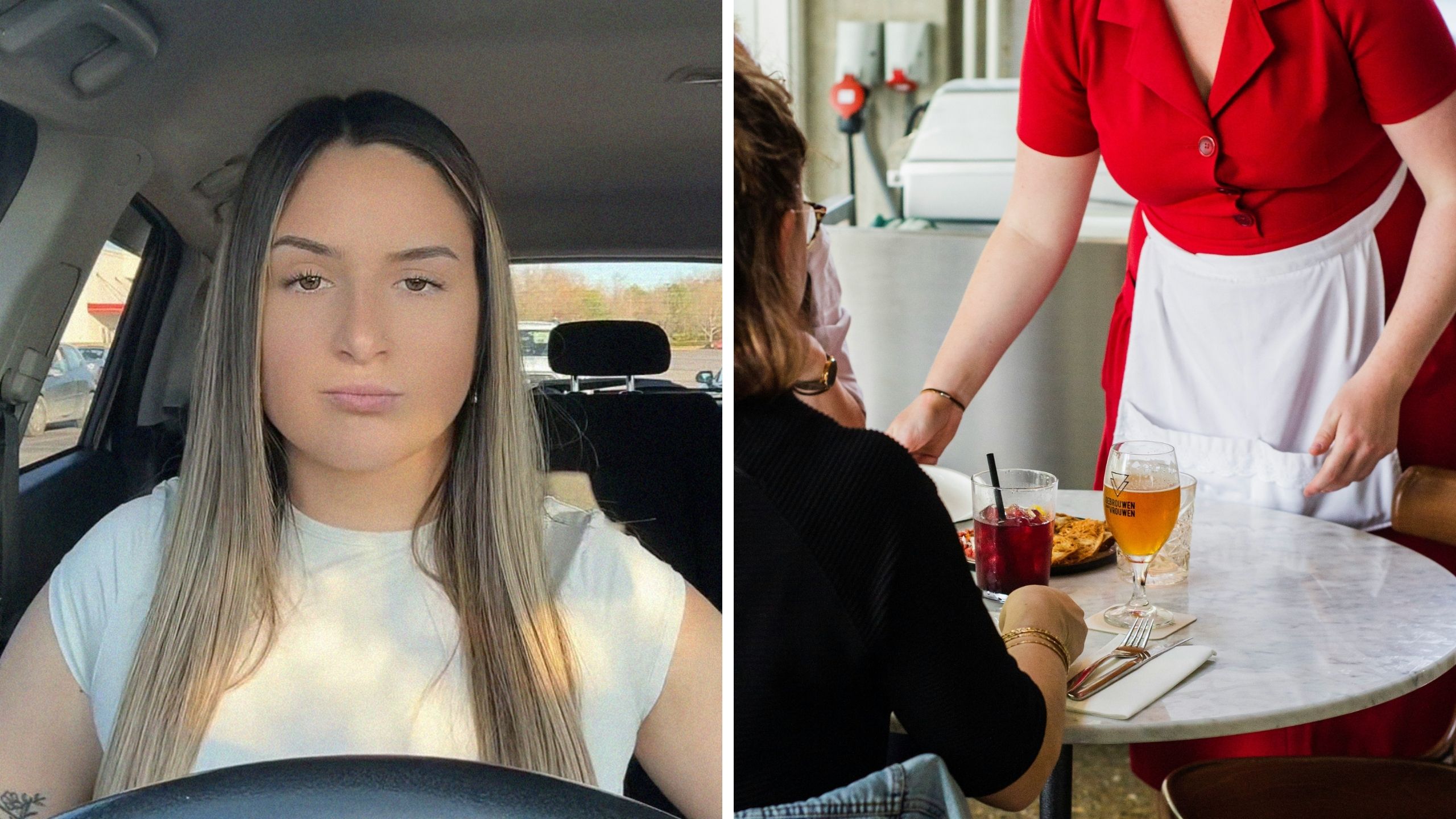 woman shares her most embarrassing day at work (l) server taking food to table (r)