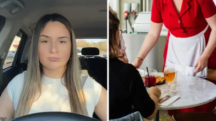 woman shares her most embarrassing day at work (l) server taking food to table (r)