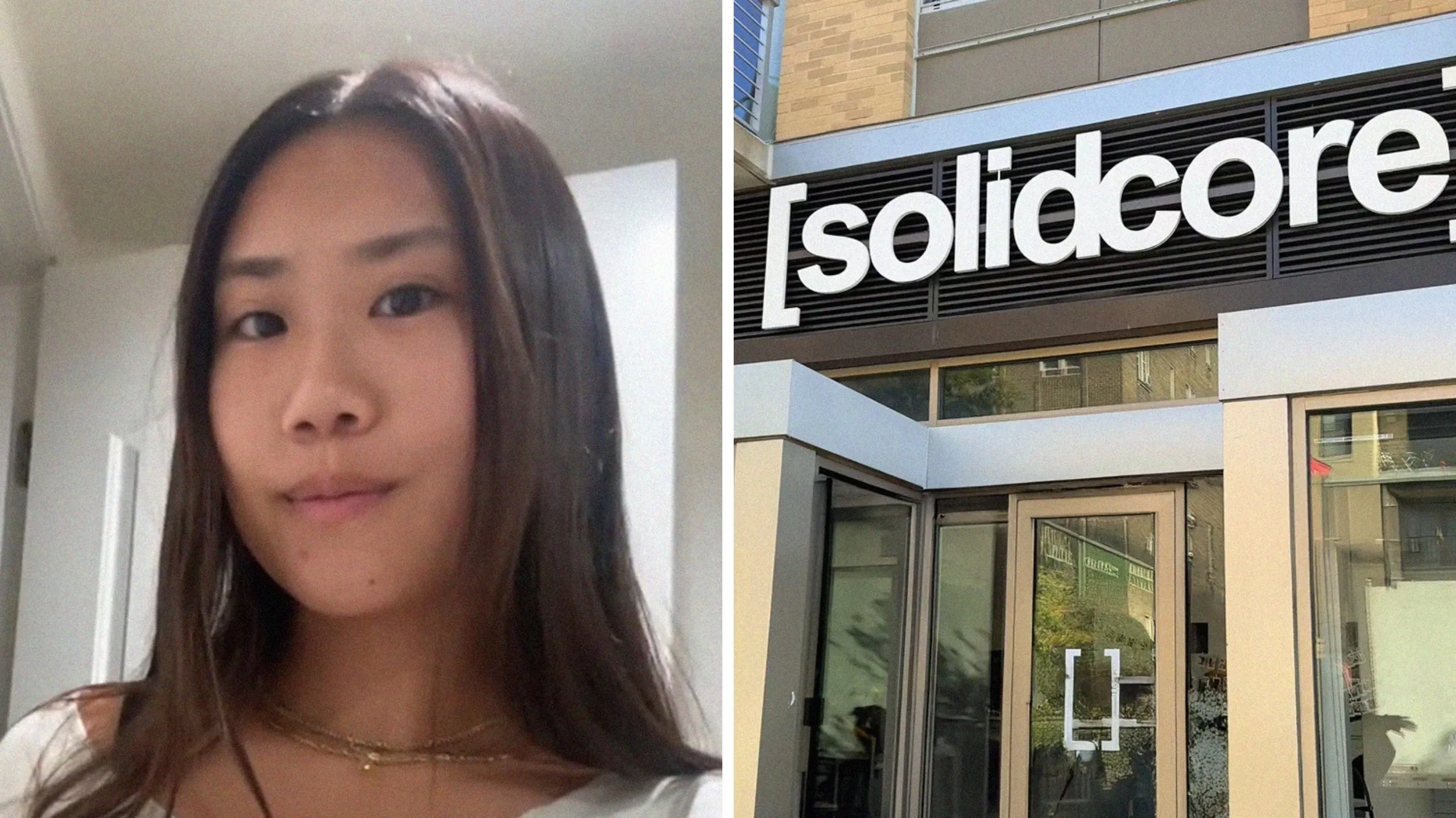 woman shares solidcore experience (l) solidcore front entrance (r)