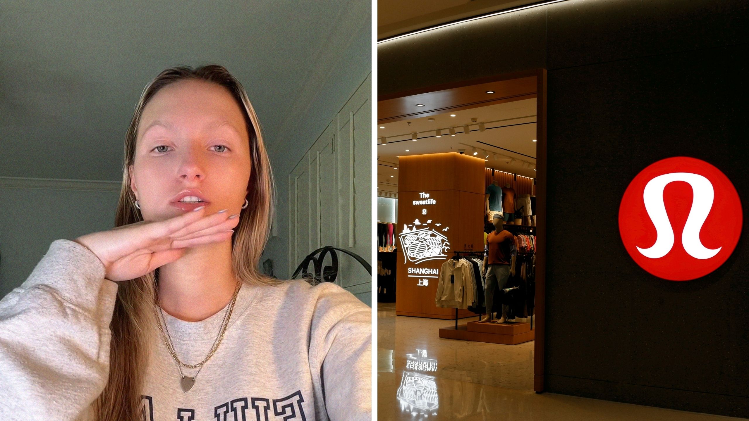 woman shares lululemon issue (l) Lululemon store entrance (r)