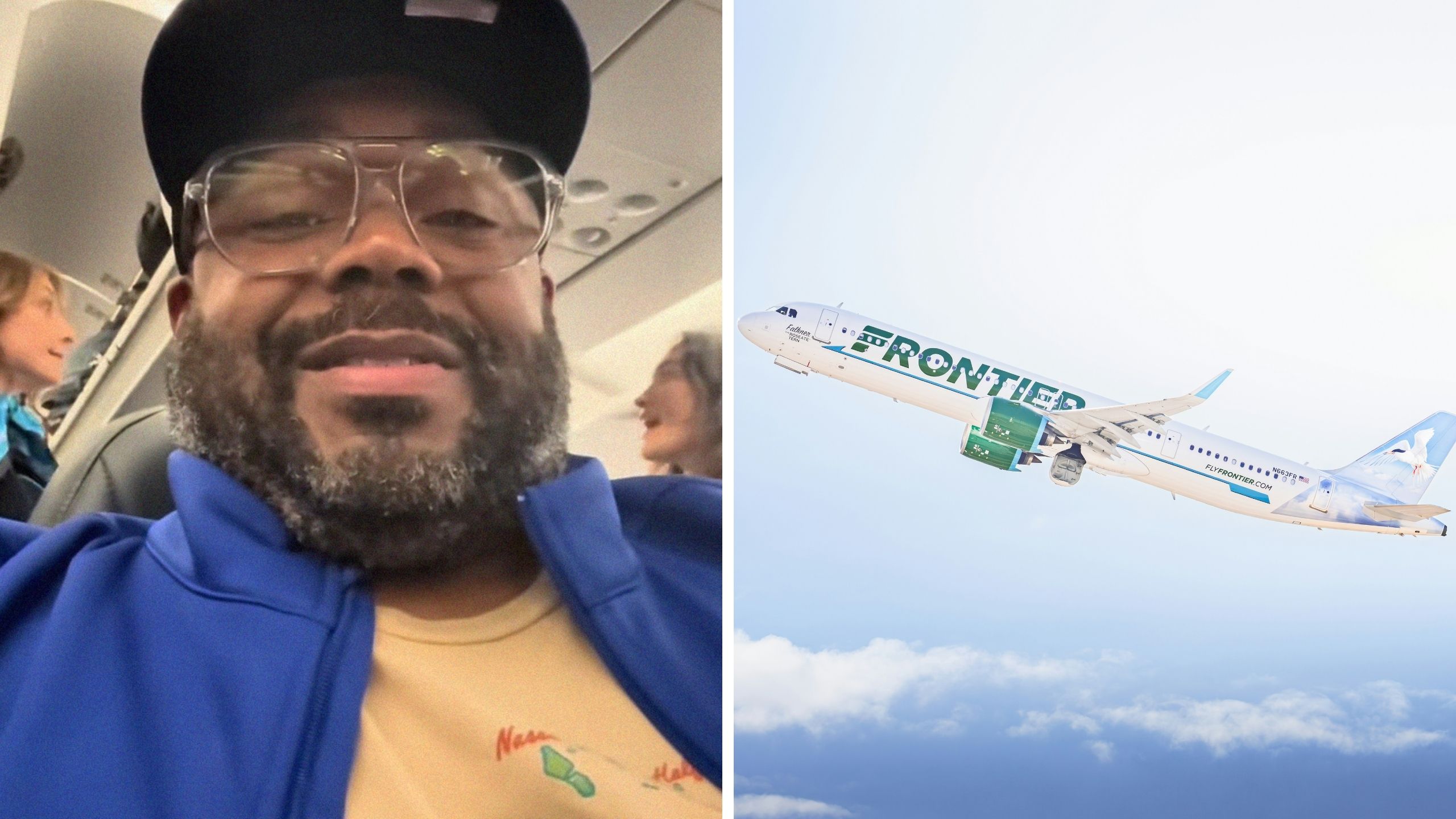 man shares flight experience (l) frontier airlines (r)