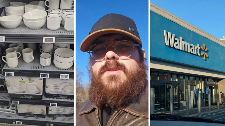 white dishware (l) man shares walmart experience (c) walmart front entrance (r)