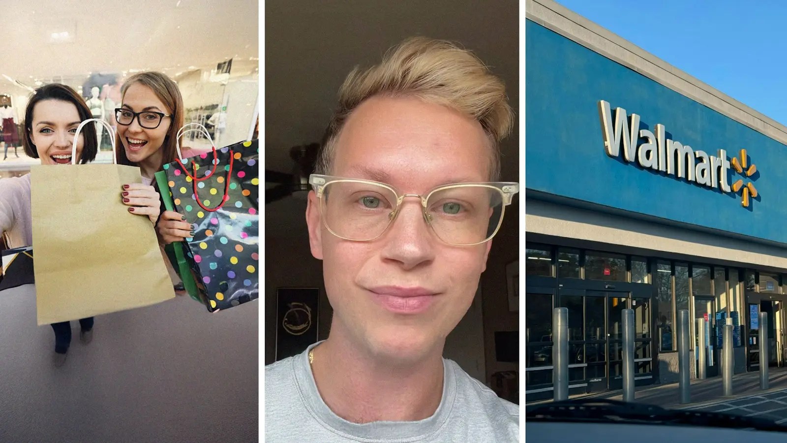 two woman filming their shopping experience (l) man shares walmart encounter (c) walmart store front (r)
