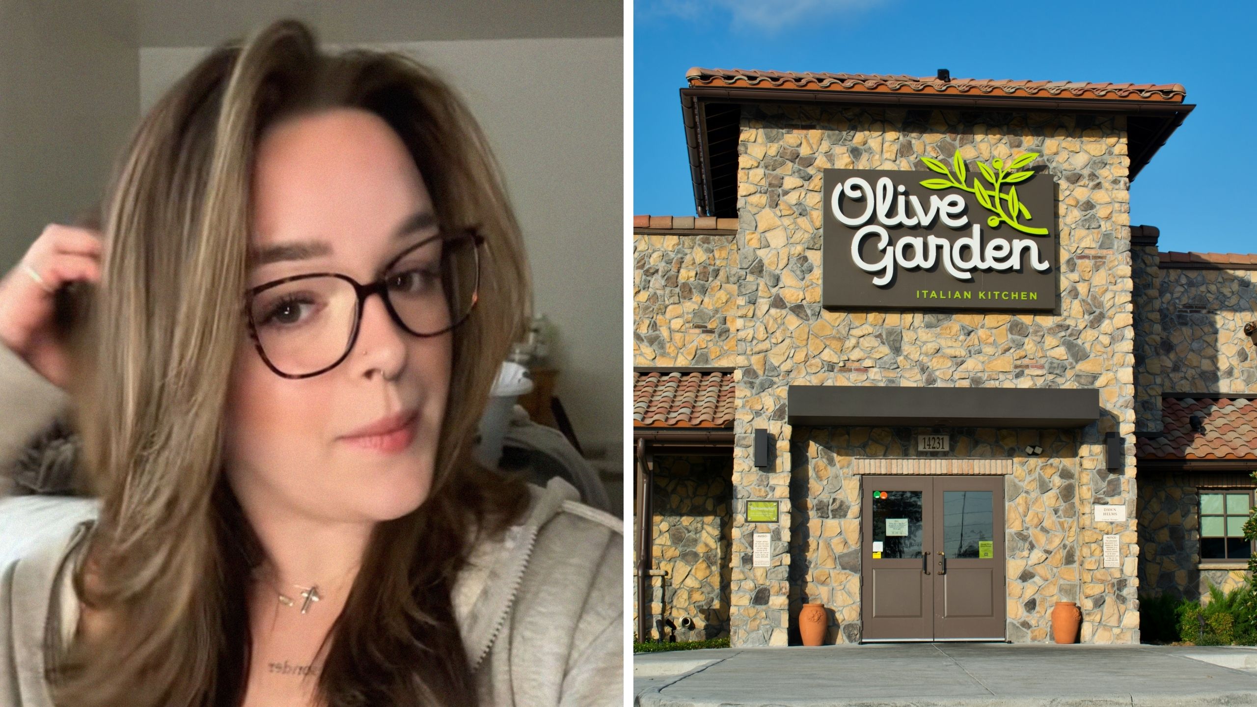 woman shares olive garden date experience (l) olive garden front entrance (r)