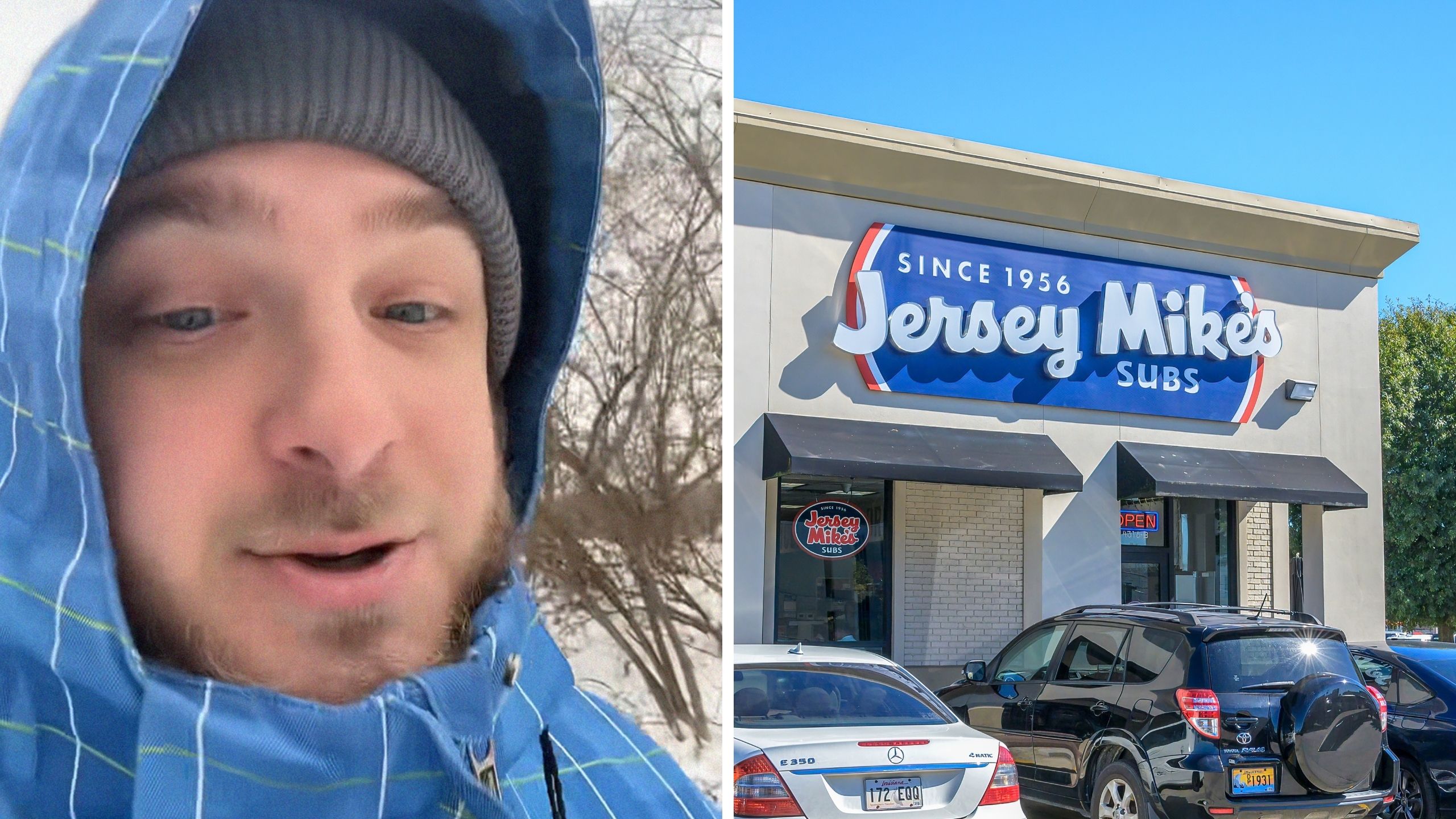 man shares jersey mikes experience (l) Jersey Mikes store front (r)